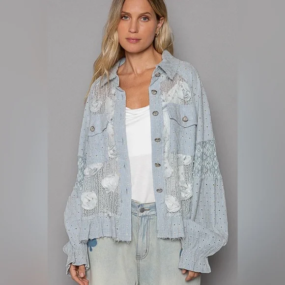 949. POL Shacket Jacket Top Women's Blue Lace Woven Balloon Sleeve Front Pockets - Picture 1 of 5